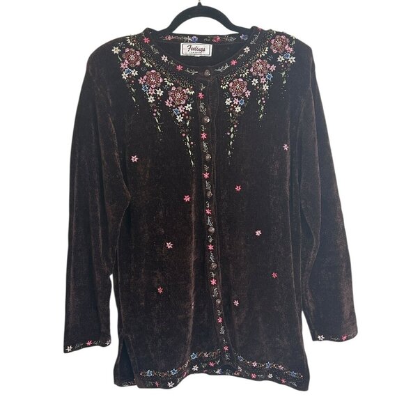 Vtg Brown Chenille Cardigan Sz L • Beaded Embroidery Sparkle Cottagecore Granny - Picture 1 of 8